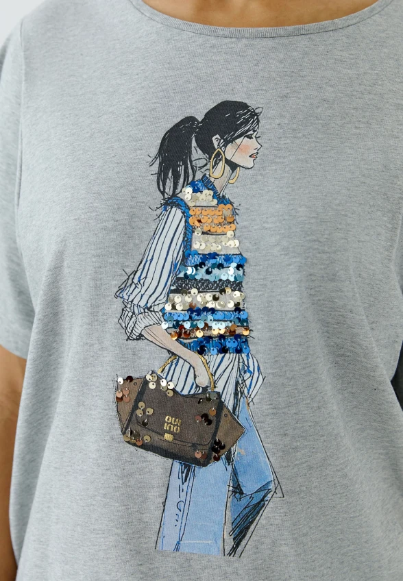 T-SHIRT Z NADRUKIEM I CEKINAMI SZARY