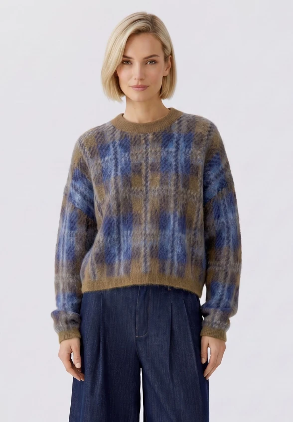 SWETER Z WEŁNY I MOHERU BRĄZOWO – NIEBIESKI