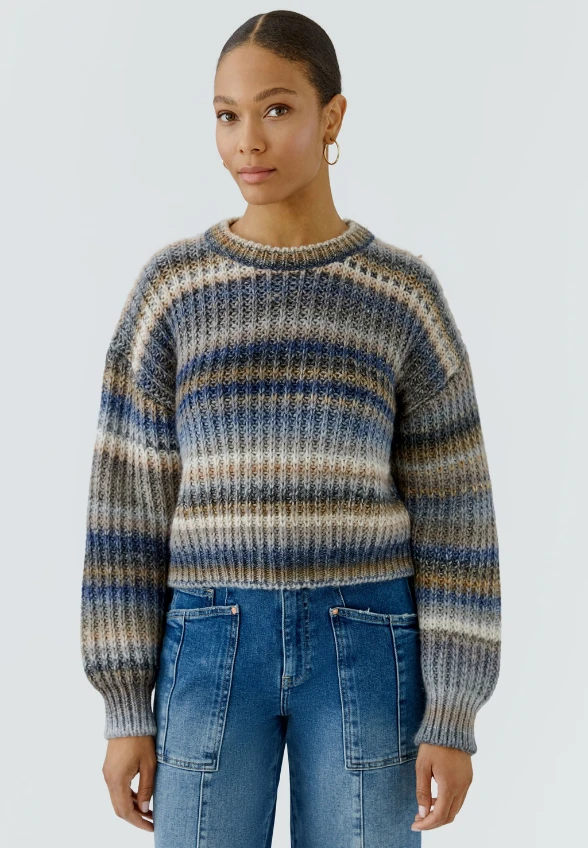 SWETER WEŁNIANY W PASKI NIEBIESKO-BRĄZOWY