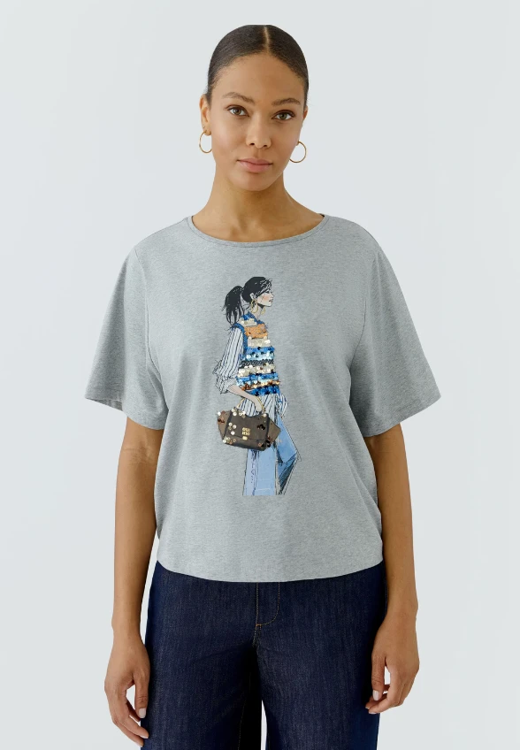 T-SHIRT Z NADRUKIEM I CEKINAMI SZARY