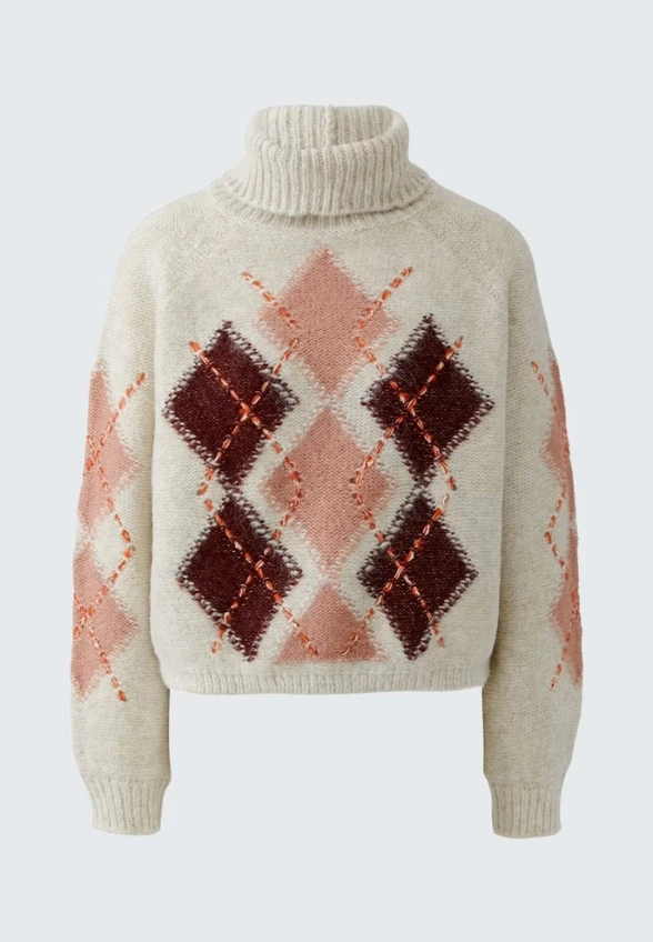 SWETER Z GOLFEM W GEOMETRYCZNY WZÓR BEŻOWY