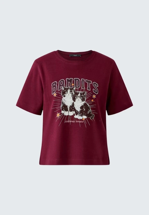 T-SHIRT Z NADRUKIEM BURGUNDOWY