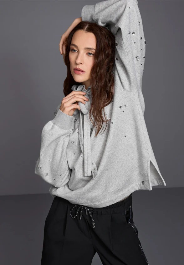 BLUZA BAWEŁNIANA Z KRYSZTAŁKAMI SZARA