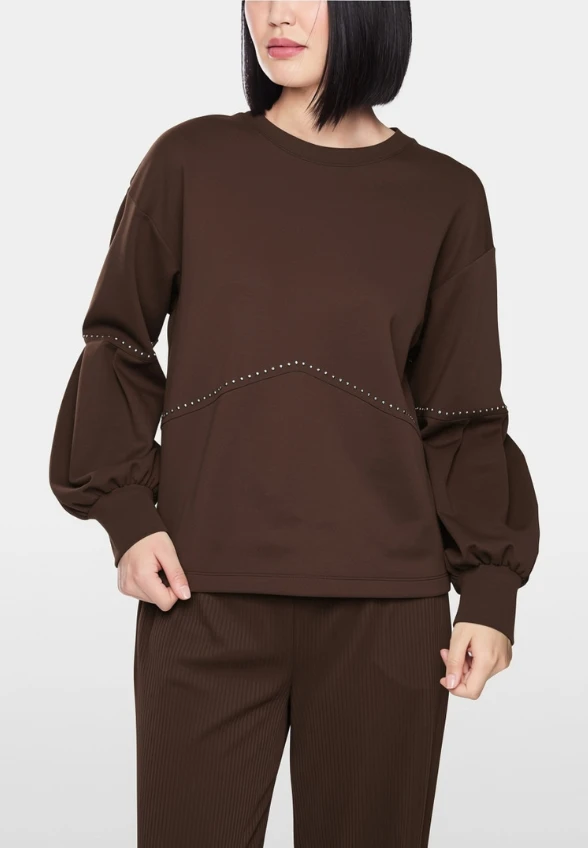 BLUZA BAWEŁNIANA Z ĆWIEKAMI BRĄZOWA