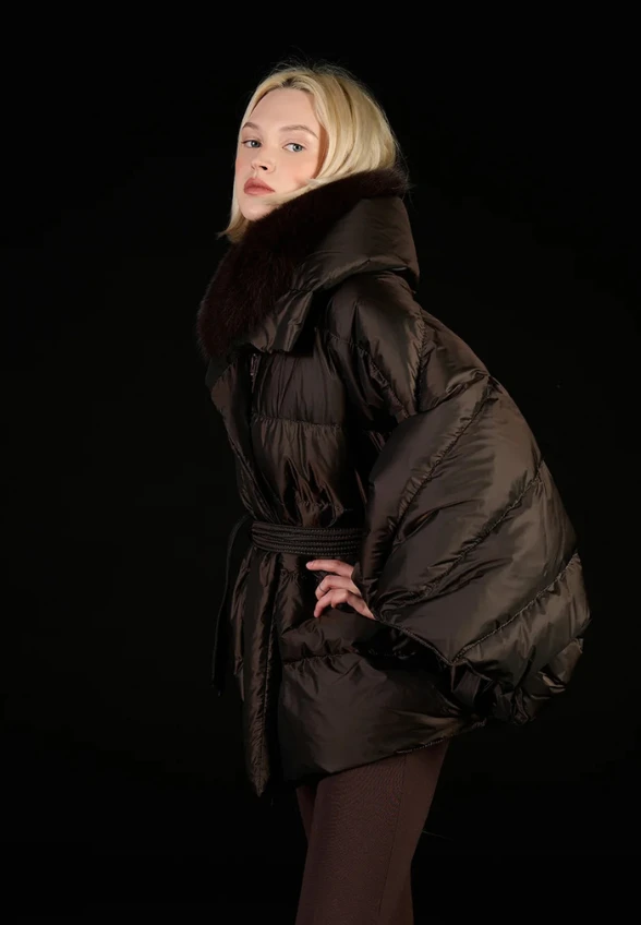 KURTKA MANTELLA JAZZ Z FUTREM CZEKOLADOWY BRĄZ