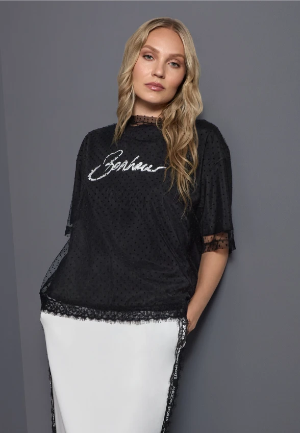 T-SHIRT DWUWARSTWOWY Z KORONKĄ CZARNY