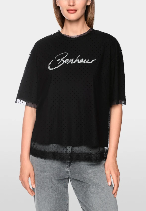 T-SHIRT DWUWARSTWOWY Z KORONKĄ CZARNY