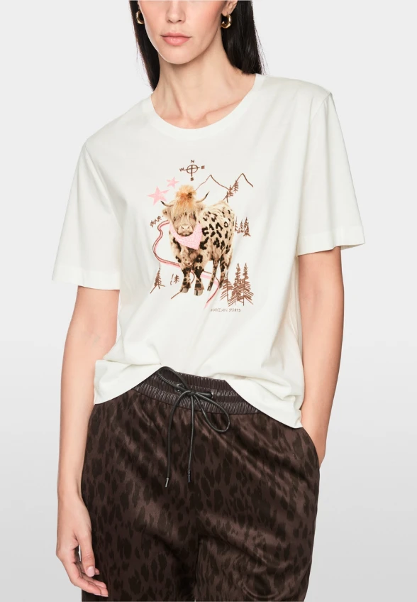 T-SHIRT BAWEŁNIANY Z NADRUKIEM BIAŁO-BRĄZOWY