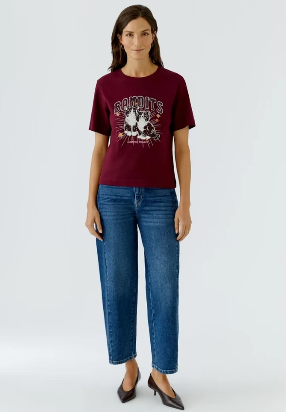 T-SHIRT Z NADRUKIEM BURGUNDOWY