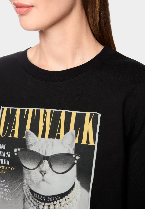 BLUZA Z MOTYWEM KOTA CZARNA
