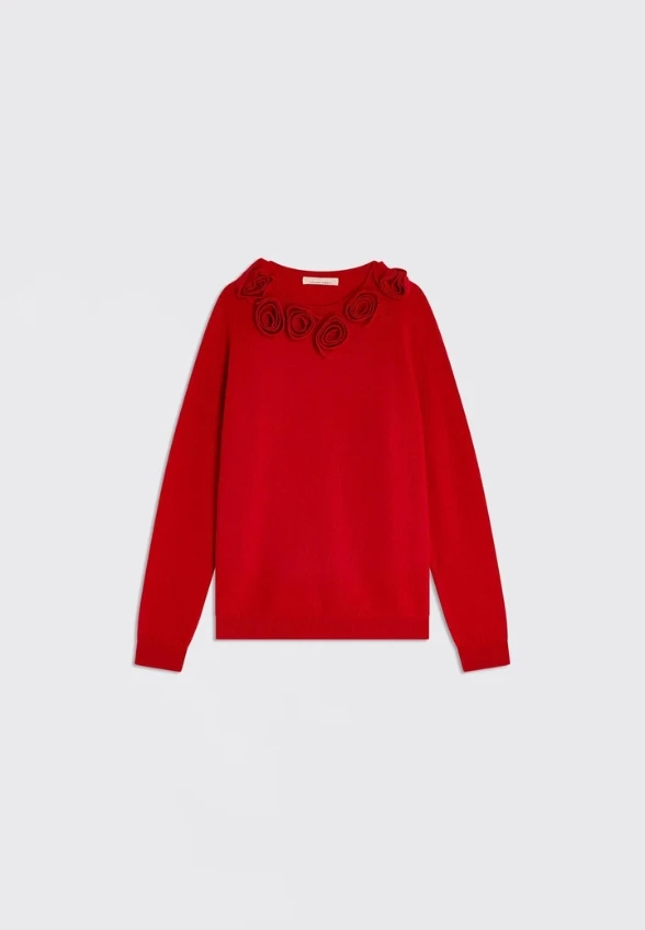 SWETER WEŁNIANY Z OZDOBNYMI RÓŻAMI CZERWONY