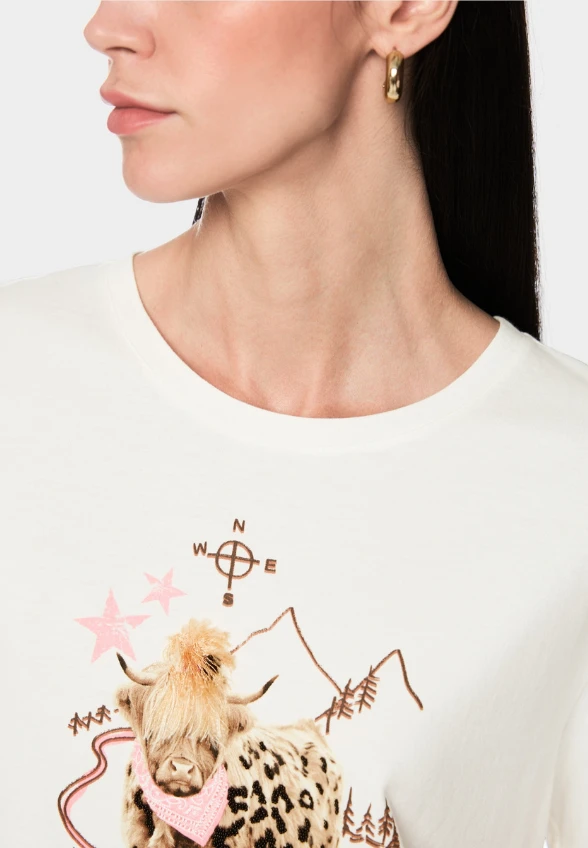 T-SHIRT BAWEŁNIANY Z NADRUKIEM BIAŁO-BRĄZOWY