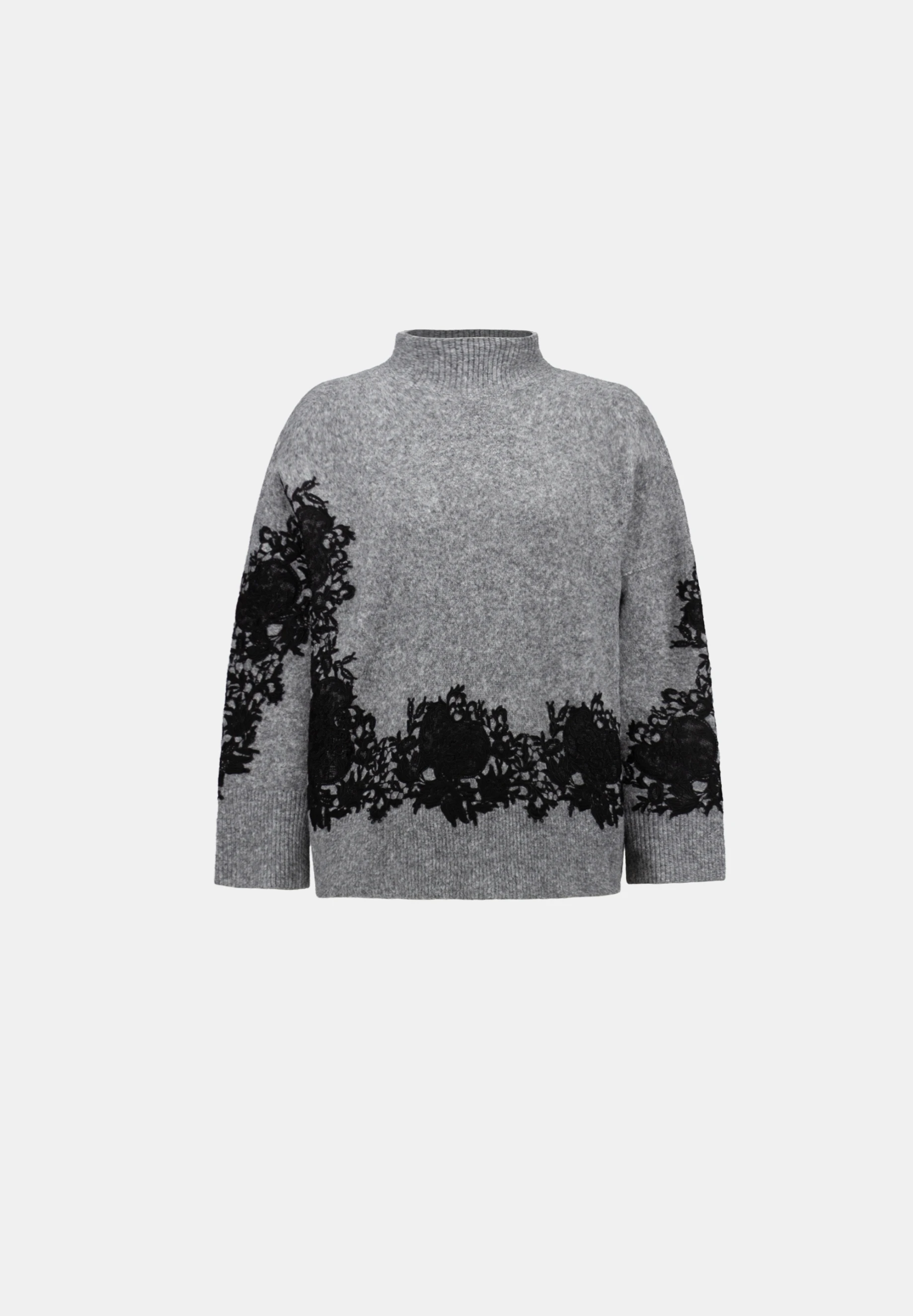 SWETER Z APLIKACJĄ KORONKOWĄ SZARY