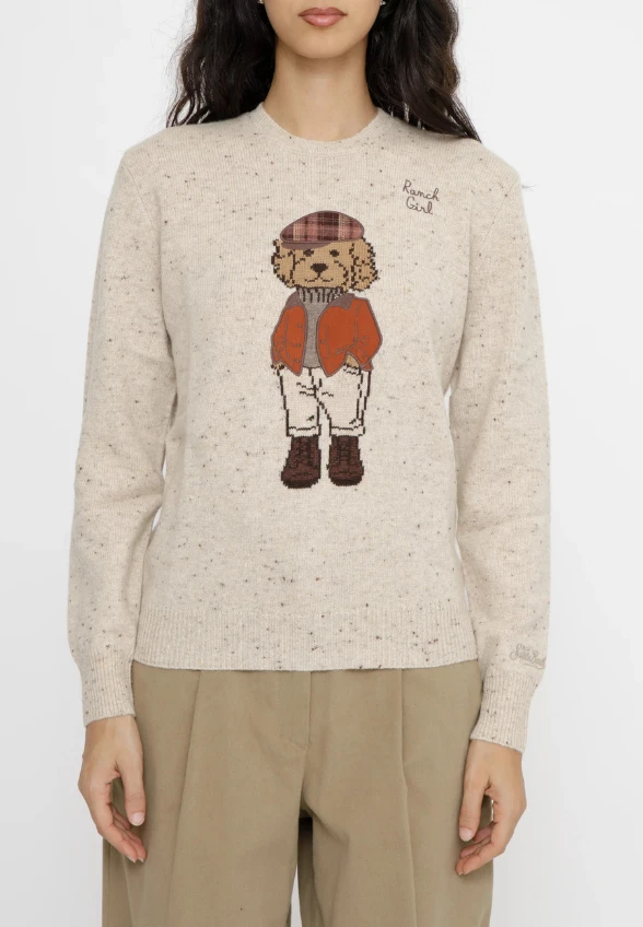 SWETER Z MOTYWEM PUDLA NEW QUEEN BEŻOWY