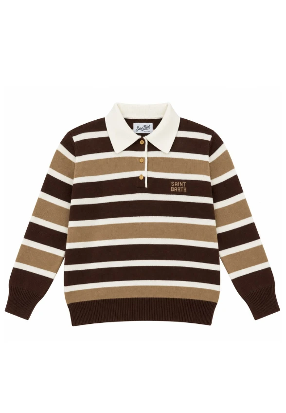 SWETER DZIANINOWY POLO HADIDY BRĄZOWO-KREMOWY