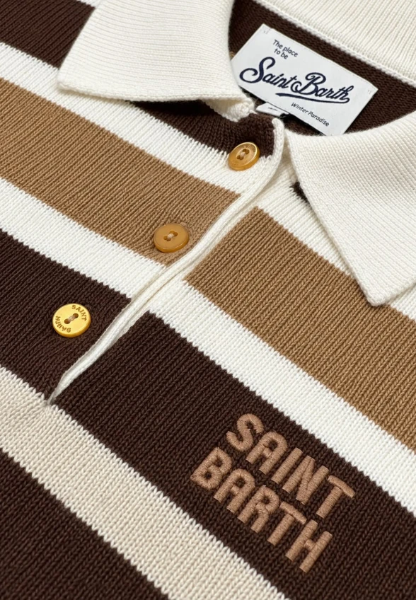 SWETER DZIANINOWY POLO HADIDY BRĄZOWO-KREMOWY